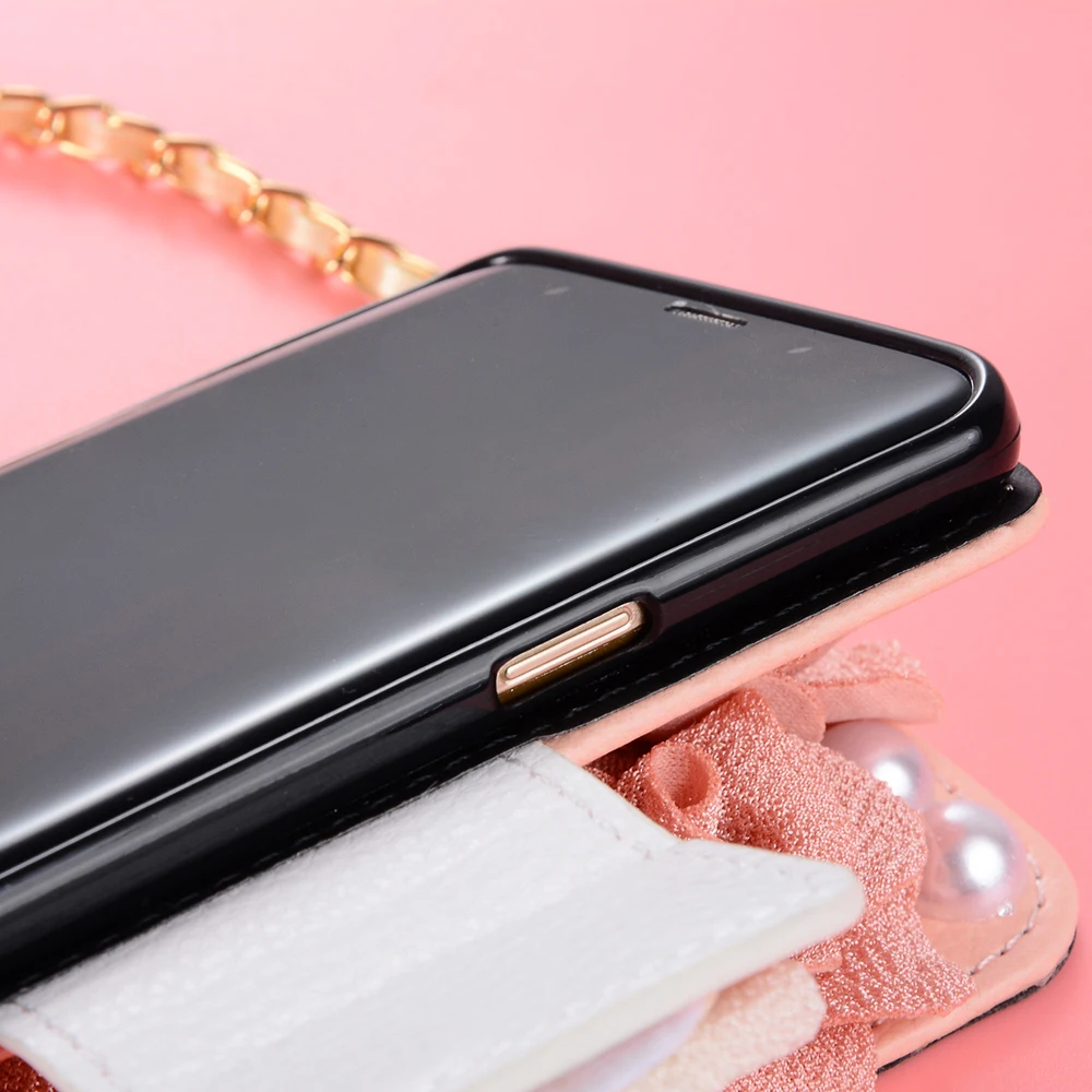 Кожаный чехол книжка Sunjolly с цепочкой и розой кошелек подставкой для Samsung Galaxy S9 S8