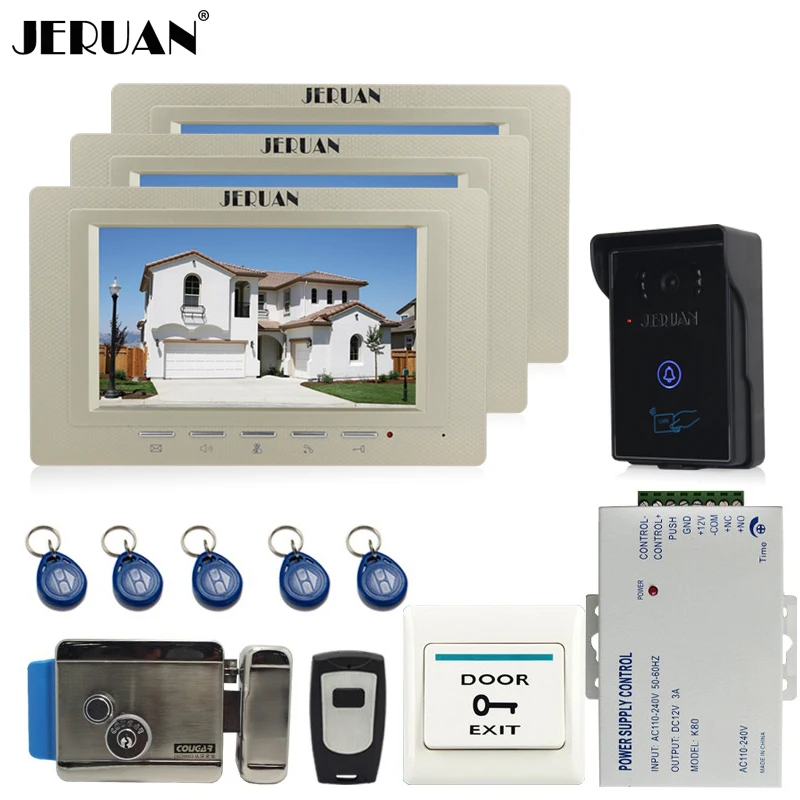 JERUAN 7 дюймов видеодомофон видео домофон Системы 3 мониторы + 700TVL RFID Доступа