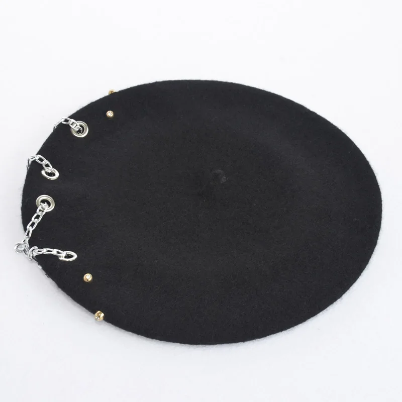 Женский винтажный беретик с цепочкой 100% шерсть теплые береты в стиле панк на зиму