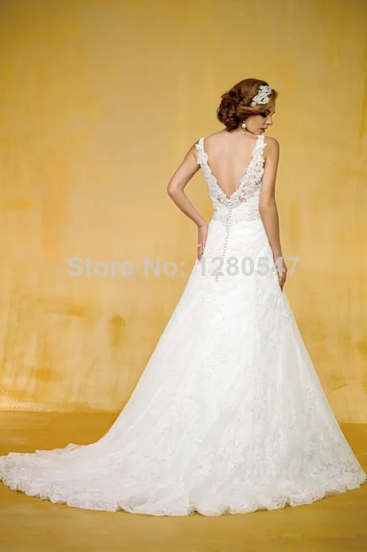 Free shipping2014 V-neck Sheer Straps A-line Sexy Backless Belts Lace Pregnant Wedding Dress long train Princess 2 4 6 8 10 12 1 | Свадьбы и