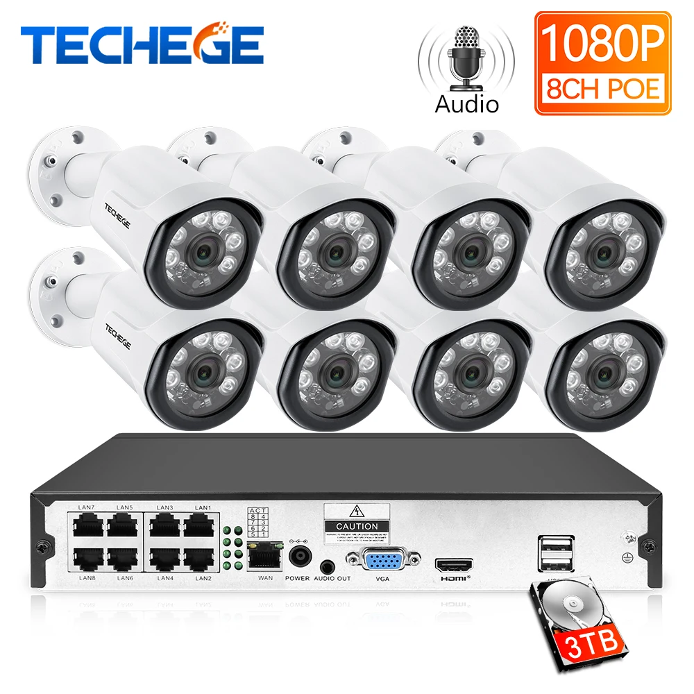 Techege 8CH 1080 P POE CCTV система 2.0MP камера безопасности аудио наружная водонепроницаемая