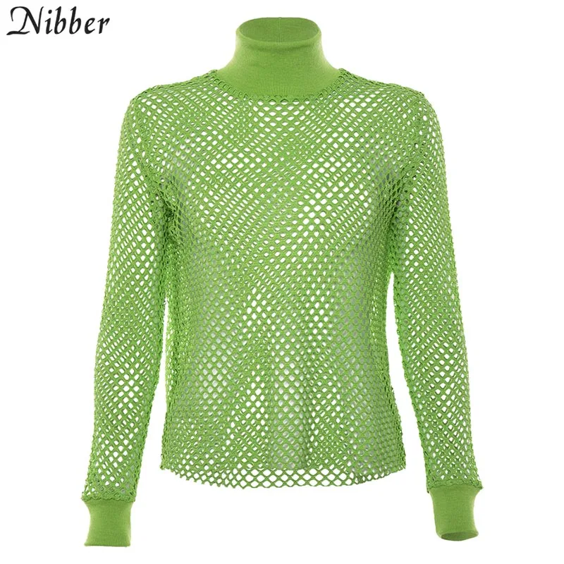 Nibber, весна-осень, сетчатые топы с полым длинным рукавом, женские футболки,, модные, дикие, уличные, повседневные, свободные, вязаные футболки, mujer