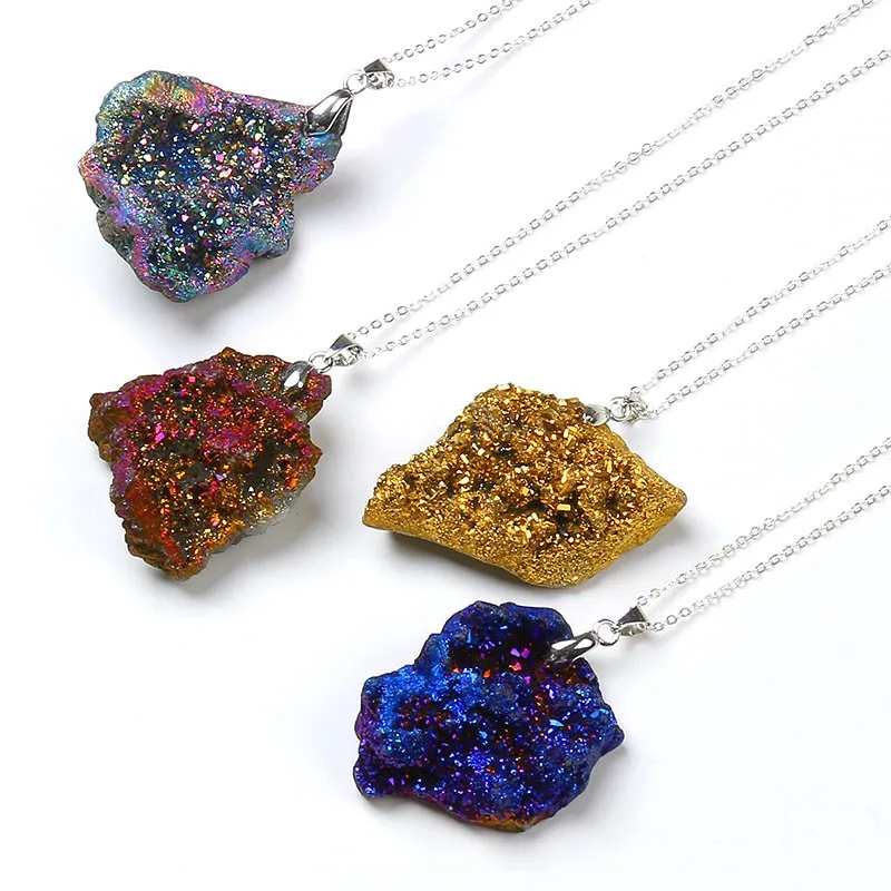 Горячая Распродажа радужные кристаллы geode druzy Кулон из натурального камня уникальное титановое Сверкающее ювелирное ожерелье подарок друзовый кварц ожерелье