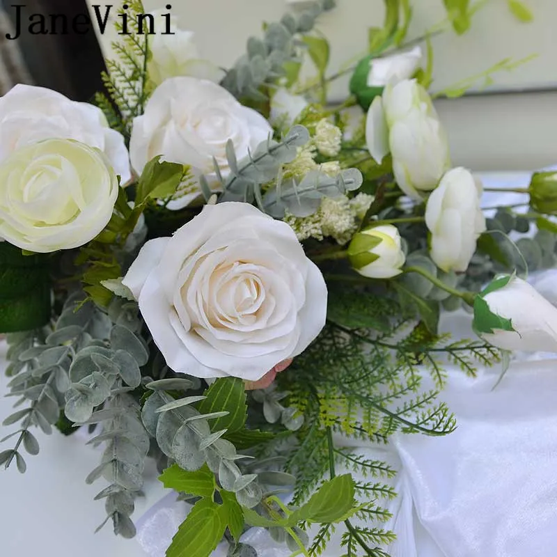 JaneVini Artificial White Flower Wedding Bouquet Bridesmaid Brooch for a Bride Silk Green Leaves Bridal Flowers Bukiet | Свадьбы и