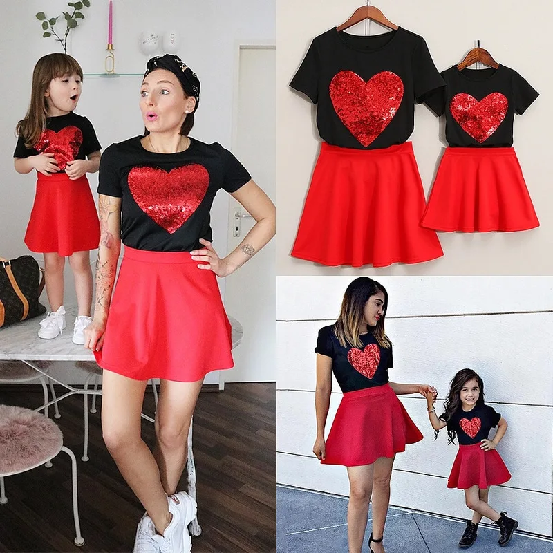 

Mother daughter dresses Fashion 2019 Heart Printed Dress Women Girl dresses Family matching clothes Mother and Daughter Clothes