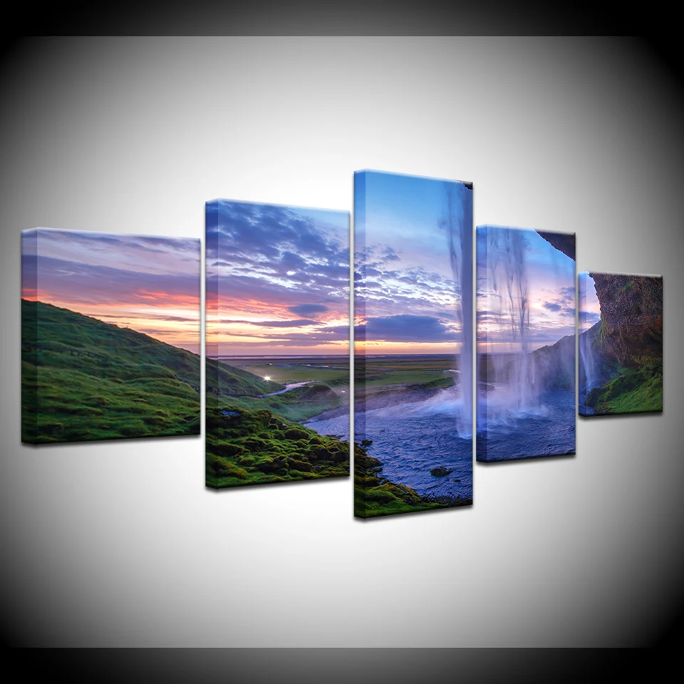 

Canvas Painting Wall Art Living Room Decor 5 Piece Sunshine Waterfall Lake Natural Landscape Poster HD Prints Pictures Framework