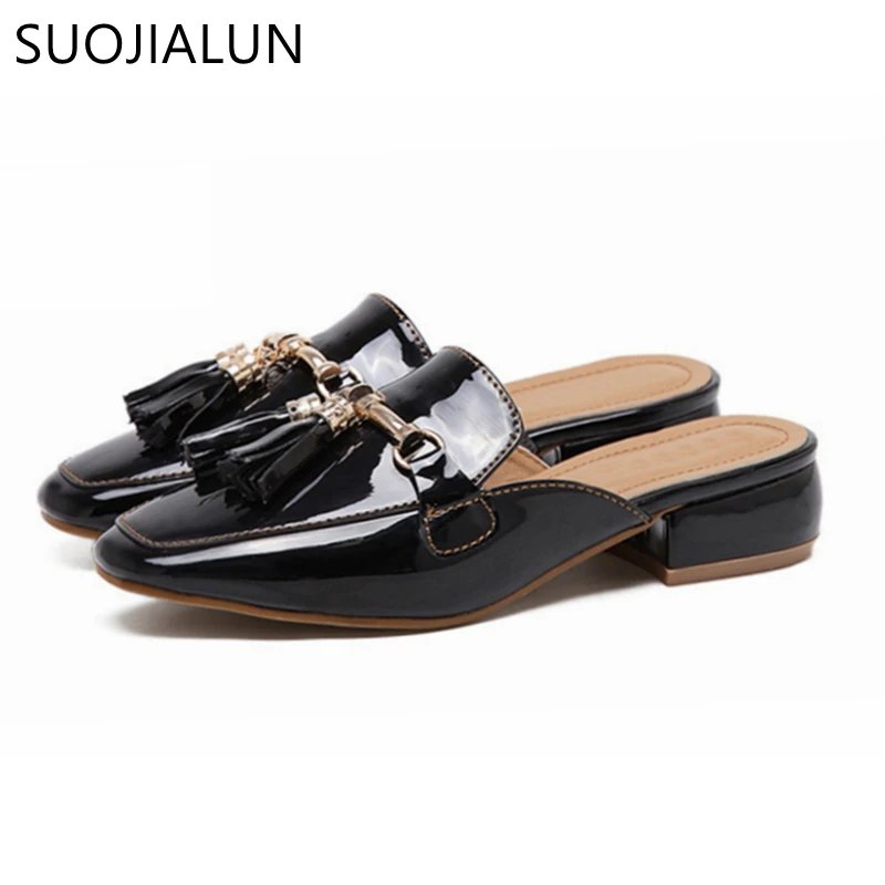 SUOJIALUN/Коллекция года; сезон осень; большие размеры 36-41; женские тапочки с квадратным носком на плоской подошве; женские шлепанцы без застежки; шлепанцы без задника с металлической пряжкой