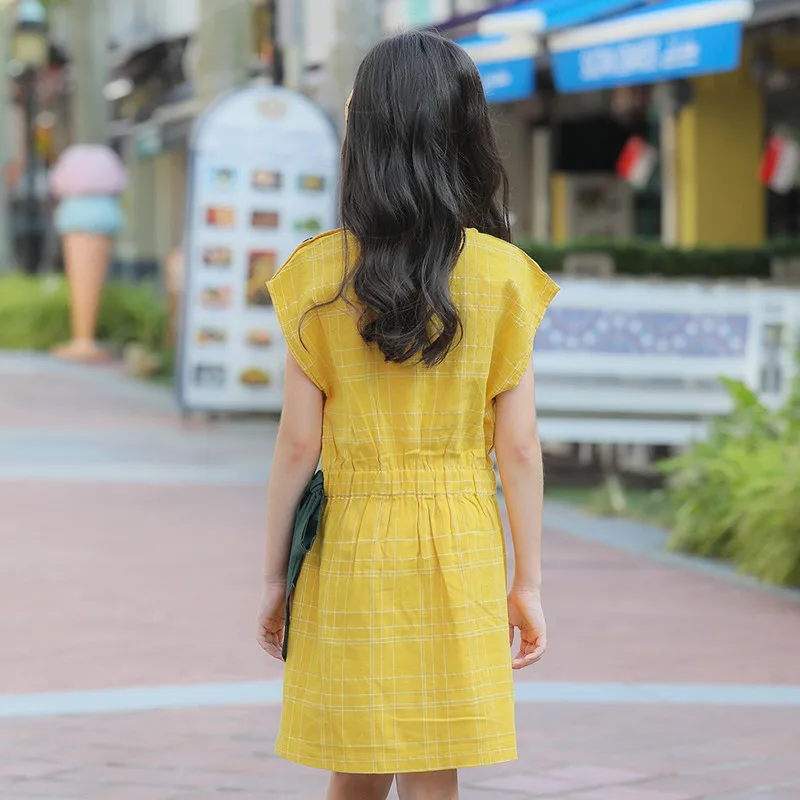 kids &amp big girls summer mustard cotton casual flare dresses children girl fashion cute bow party dress clothing 3 to 12 years | Детская