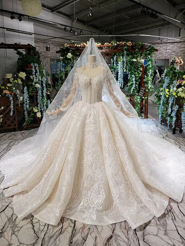 as picture HTL475 Роскошные свадебные платья с вуалью для свадьбы, с высоким воротом, с длинными тюлевыми рукавами, на пуговицах, свадебные платья со шлейфом, vestido de casamento - Цвет: as picture