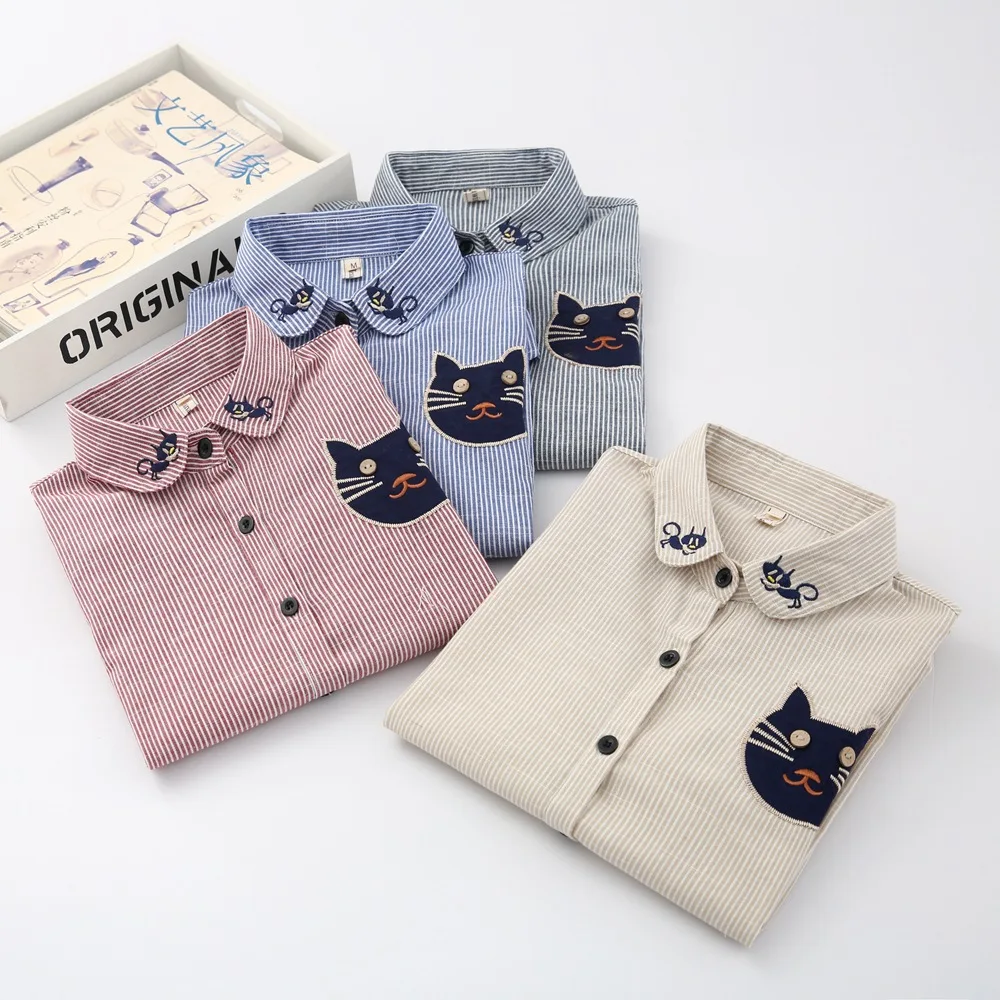 Фото Spring New Collection Cotton Blouse Long Sleeve Striped Shirt With Cat Embroidered Женская одежда Spring New Collection Cotton Blouse Long Sleeve Striped Shirt With Cat Embroidered Женская одежда