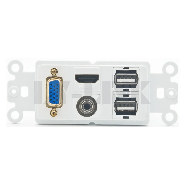 

1 X VGA, 1 X HDMI, 1 X 3.5mm Audio, 2 X USB Wall plate support free design