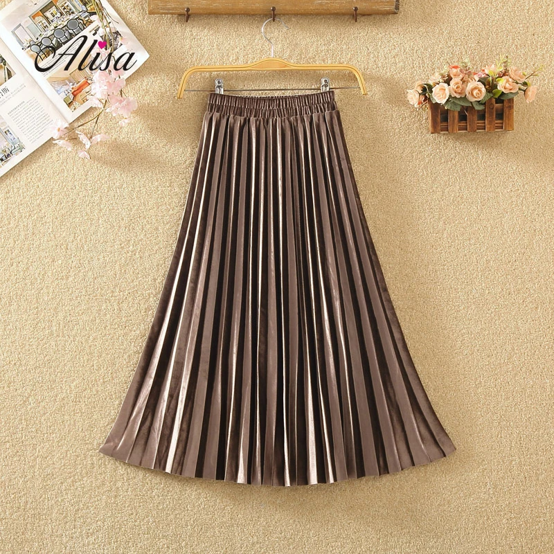 Long Skirts For Women Caual Velvet High Waist Vintage 2019 New Winter Solid A-line Pleated Skirt Petticoat Underskirt | Женская одежда