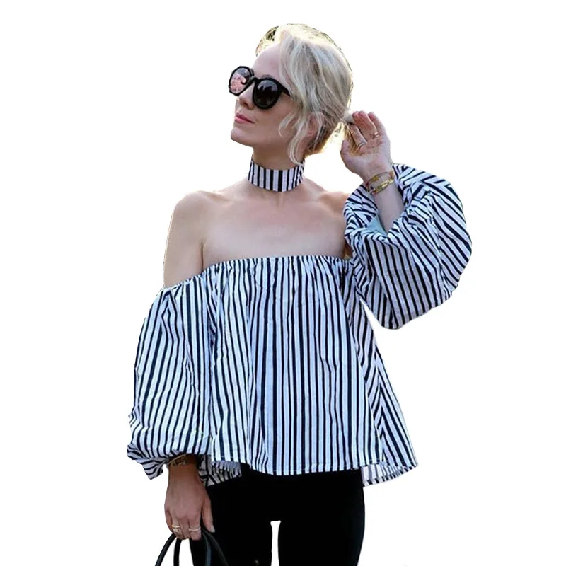 Женская блузка в полоску с открытыми плечами и рукавами фонариками|blusas plus|women