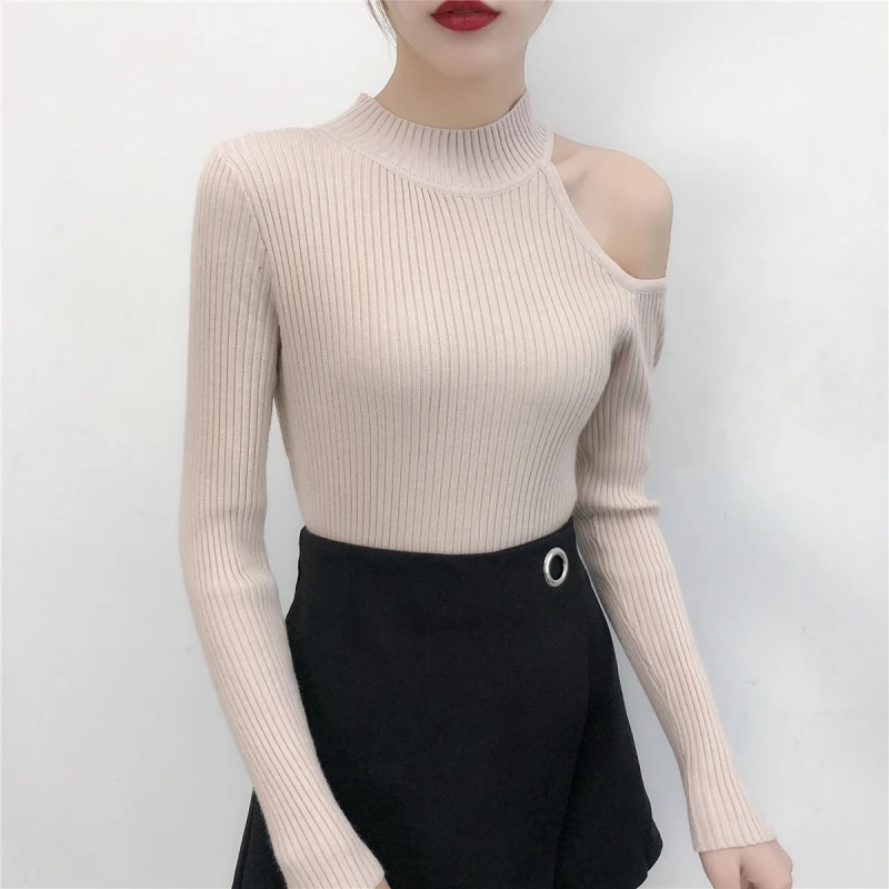 

Women Pullovers Sweater 2021 Knitting Spring Autumn Half Turtleneck Sexy Hollow Out Off Shoulder Ladies Elegant Top
