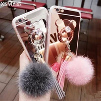 xsmyiss for iphone13 12 mini 11 pro 6 6s 7 8 plus xs max xr luxury fur ball tassels mirror cover bear finger ring sof bling case