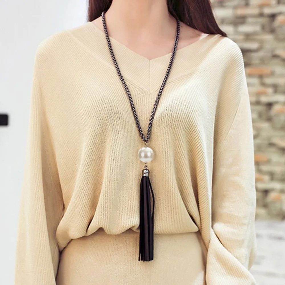 

HOT Long Tassel Pendant Sweater Chain White BIg Simulated Pearl Beads Necklace Fashion Maxi Necklace Jewelry For Women Gifts