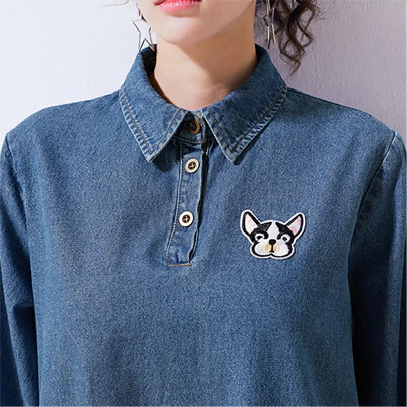 2018 новые весенние оборками Denim женское платье мультфильм вышивка с длинным