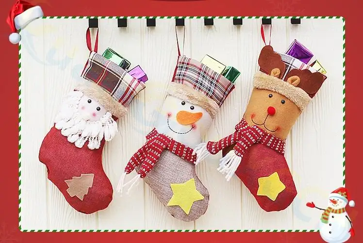 

400pcs 3D Christmas stocking Xmas tree Pendant party window Props Christmas decoration Santa Claus snowman elk candy gift socks