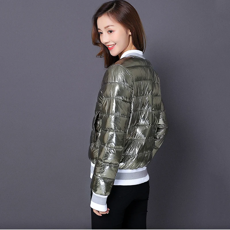 

New Autumn Silver Bright Jacket Coat Women Winter Warm Down Cotton Padded Short Parkas Bread Style Fashion Girl Bomber Outwear