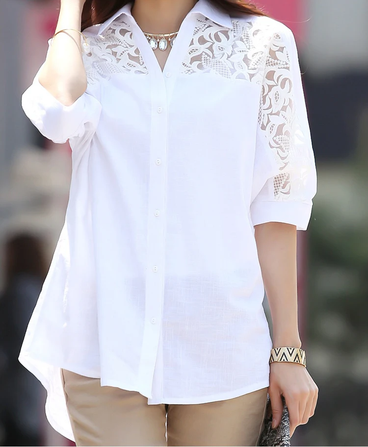Blusas mujer de moda белая блузка рубашка плюс размер женские топы средней длины белая кружевная рубашка с рукавом летучая мышь 2589 50