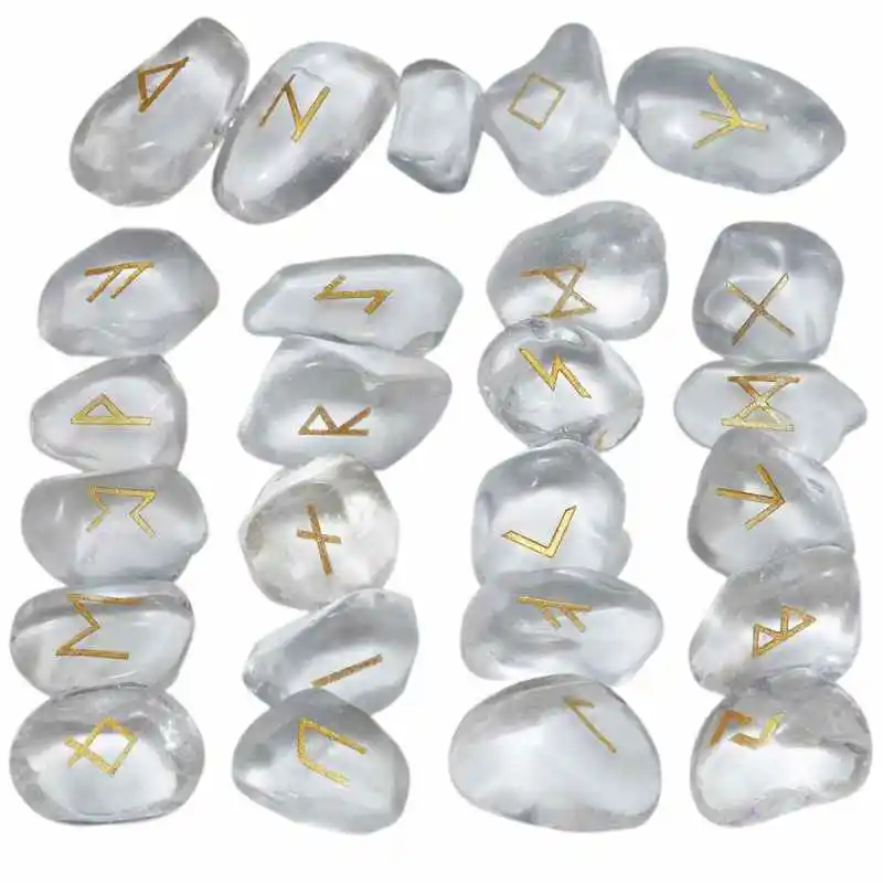 Rock Quartz TUMBEELLUWA 25 шт./компл. Руна камни гравировкой Старший ФУТАРК рунические алфавиты Wicca, с украшением в виде кристаллов Исцеление Рейки - Цвет: Rock Quartz