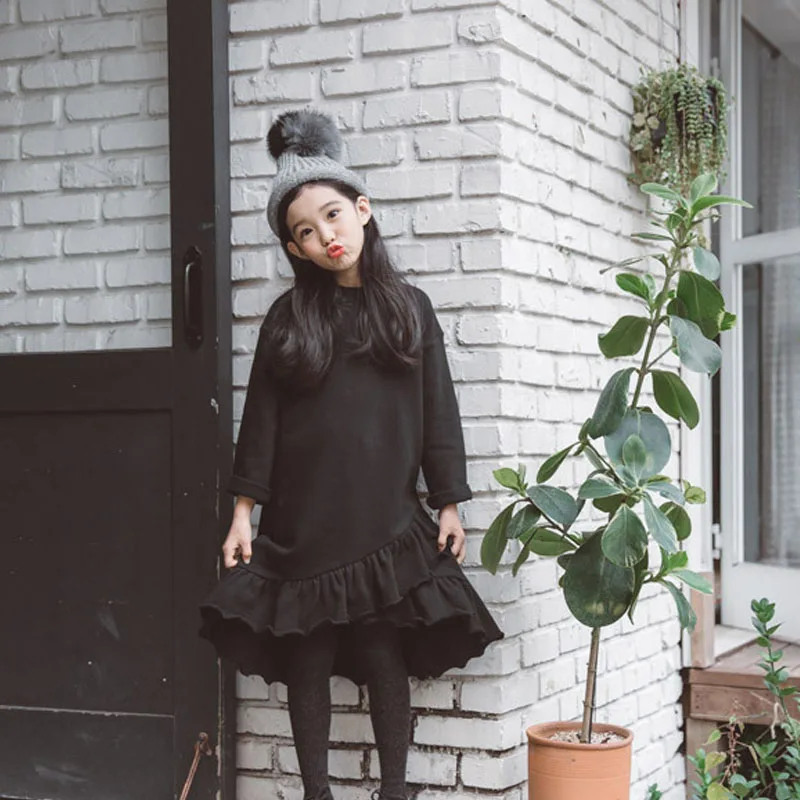 Big Kids Dresses For Girls Ruffle Cotton Long Sleeve Dress Princess Party Black Frocks Teens Girl Fashion Children Clothes 4-14Y | Детская