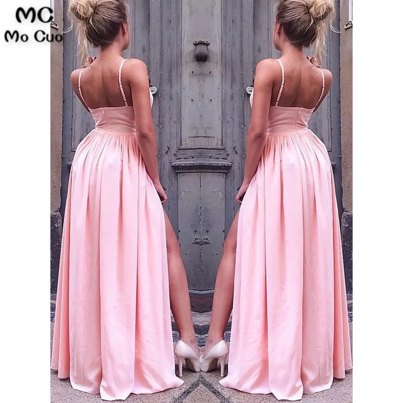 2019 Blush Pink Evening Dresses Spaghetti Straps with Pleat Front Slit Shiny Satin A-Line Formal Party Dress for Women | Свадьбы и