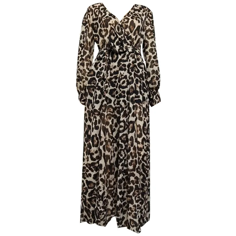

Leopard Long Dress Women Coffee Long Sleeve Dresses 2019 New Spring Autumn Sexy Split V Neck Slim Dress Vestidos Feminina CX07