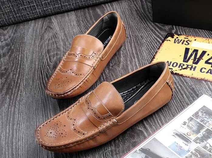 

New Arrival Shoes Men Slip on smart casual dress shoes flats loafers carved brogue Summer Genuine Leather Moccasin Gommino