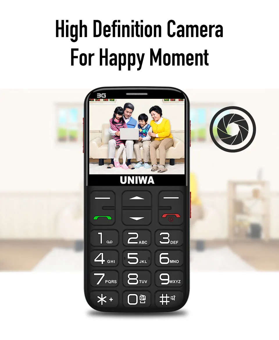 UNIWA V808G, мобильный телефон для пожилых людей, 3G, кнопка SOS, 1400 мА/ч, 2,31 дюйма, изогнутый экран, фонарик, фонарь, сотовый телефон для пожилых людей
