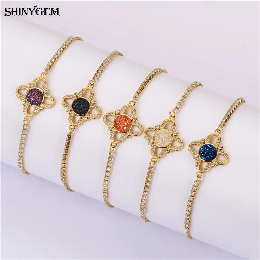 ShinyGem кристалл клевер браслет натуральный круглый Друза камень Регулируемая