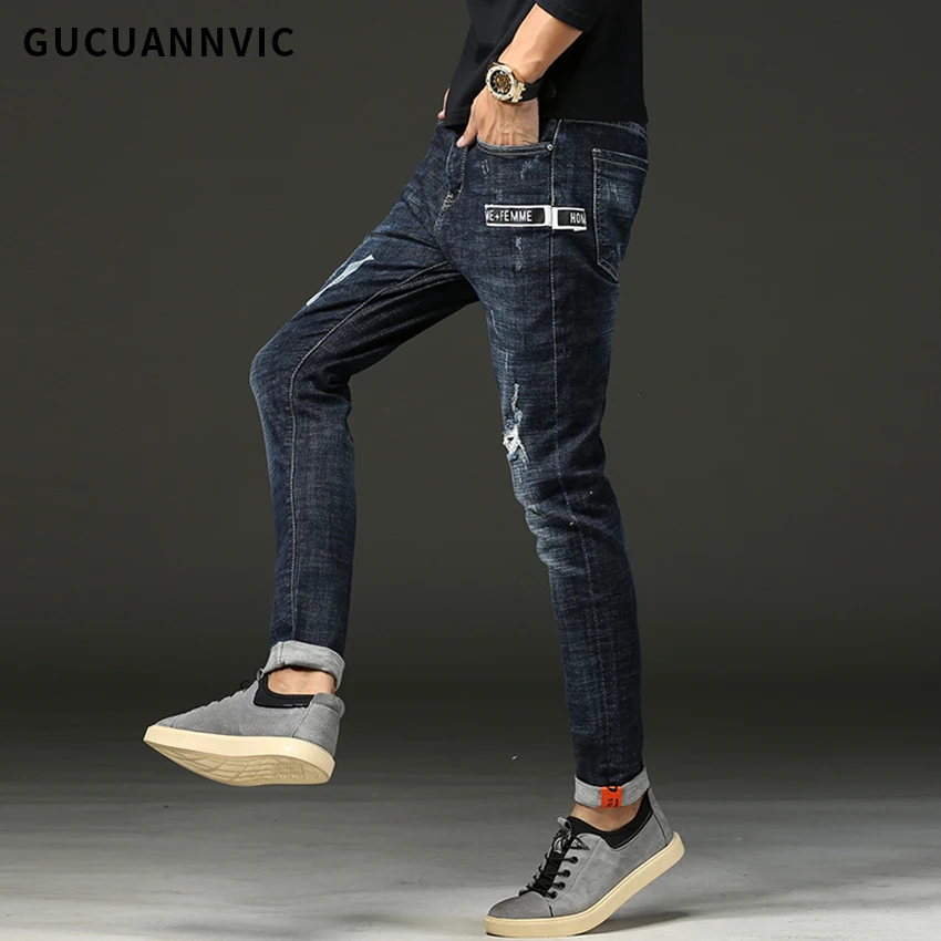 Темно синий Stonewashed модные Повседневные штаны для мужчин личность Ripped Синий