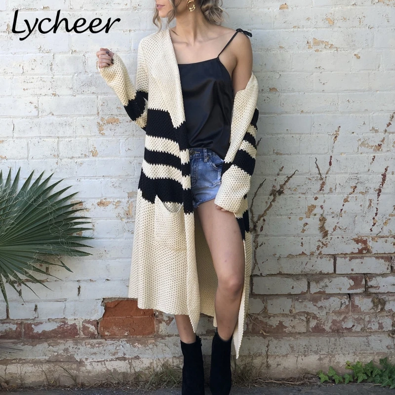 Женский вязаный кардиган в полоску Lycheer повседневный длинный свободного кроя