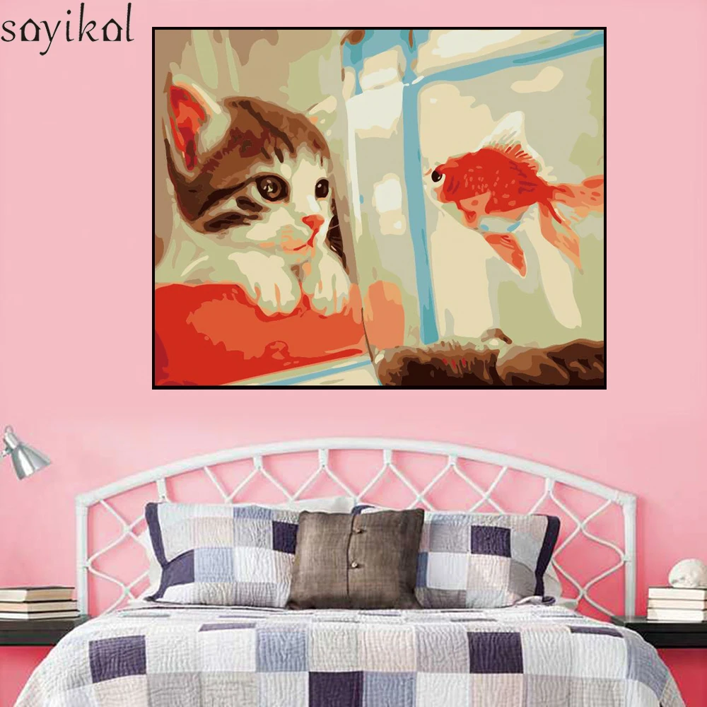 Настенная живопись в рамке DIY картина маслом по номерам кошка акриловая краска