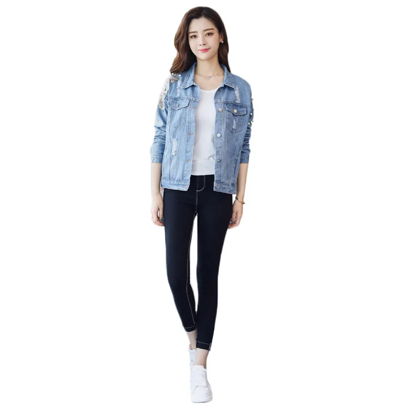 

Denim Jacket Women 2019 New Spring Autumn Korean Fashion Loose Sequin Beading Hole Jean Coats Chic Slim Clothing Feminina CX860