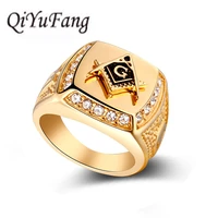 qiyufang new crystal 24k gold mens punk style freemason masonic signet ring hip hop iced out bling rings charm fashion jewelry