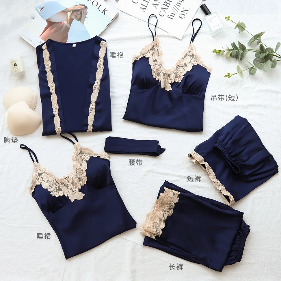 

FZSLCYIYI spring new arrival five pieces womens sleepwear bathrobe + nightdress + tops + short pants + long pants pajamas set