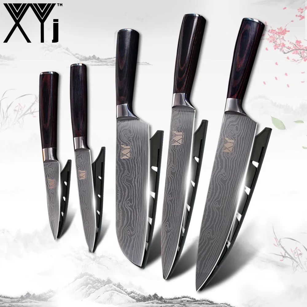 XYj 5 шт. набор кухонных шеф повара Кухня Ножи комплект японский нож Дамаск вен с