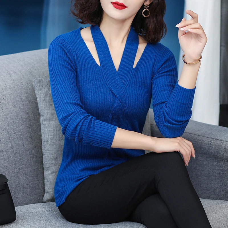 

Новый дизайн, Осенний женский шерстяной свитер с асимметричным воротником, корейский модный сексуальный эластичный однотонный базовый сви...