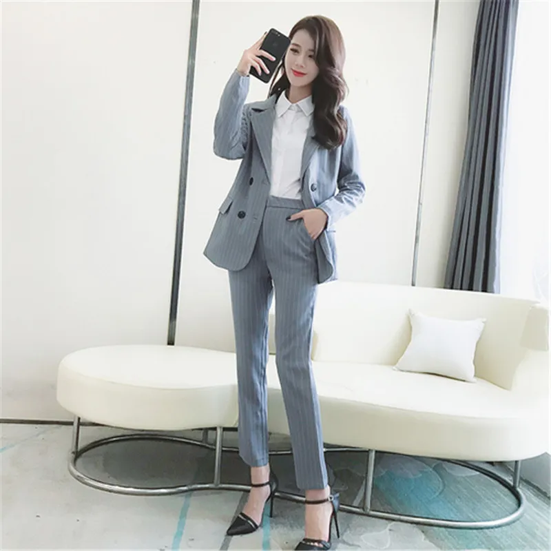 Work Fashion Pant Suits 2 Piece Set for Women Double Breasted Striped Blazer Jacket &amp Trouser Office Lady Suit Feminino 2018 | Женская