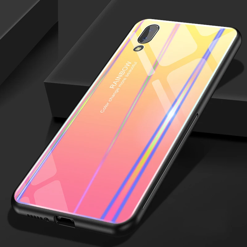 Gradient Rainbow Glitter Phone Case For VIVO X23 X20 Plus Aurora TPU + Explosion-proof Glass Back Cover VIVOX9 |