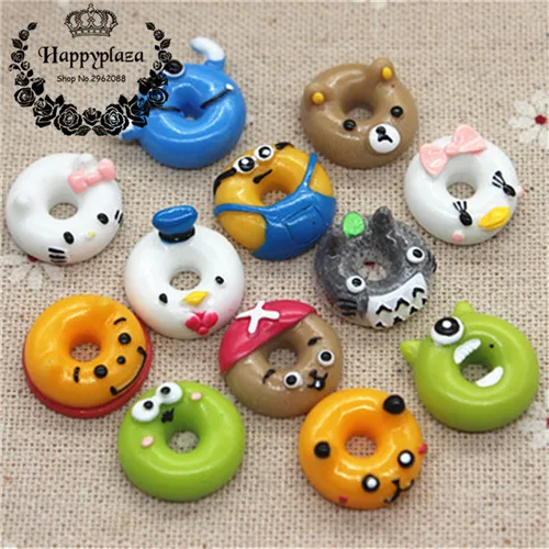 mix colors 12pcs 17mm Kawaii Cartoon Animal Donuts Resin Miniature Food Art Flatback Cabochon DIY Decorative Craft Scrapbooking - Цвет: mix colors 12pcs