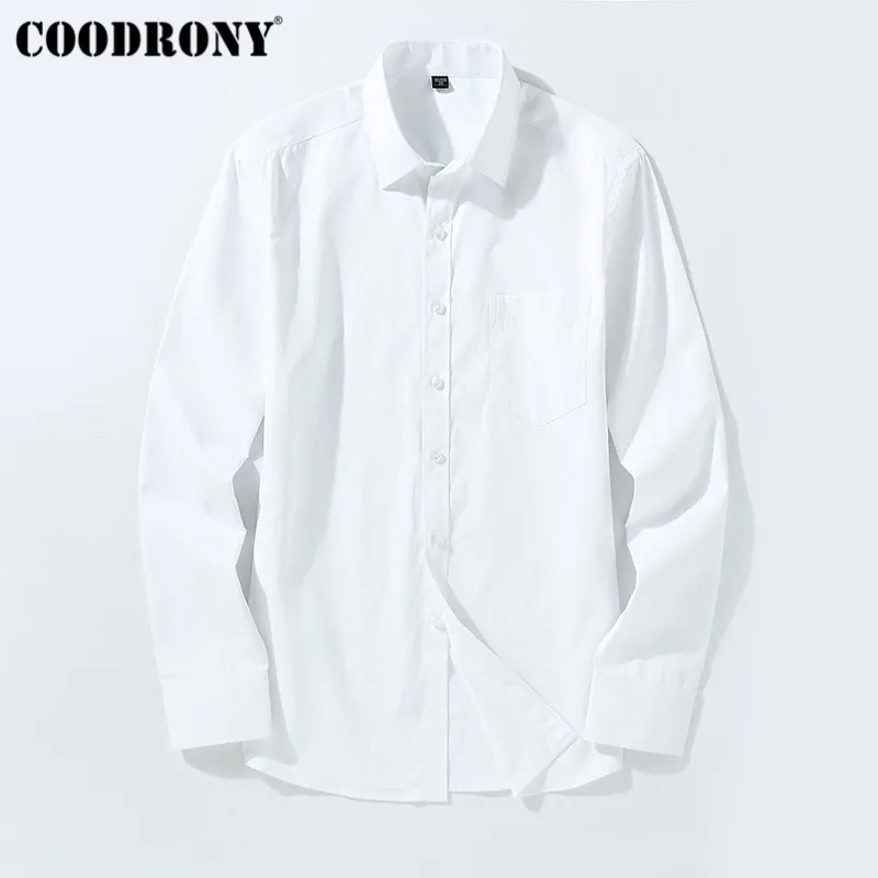 Мужская рубашка COODRONY белая классическая из мягкого хлопка с длинным рукавом на