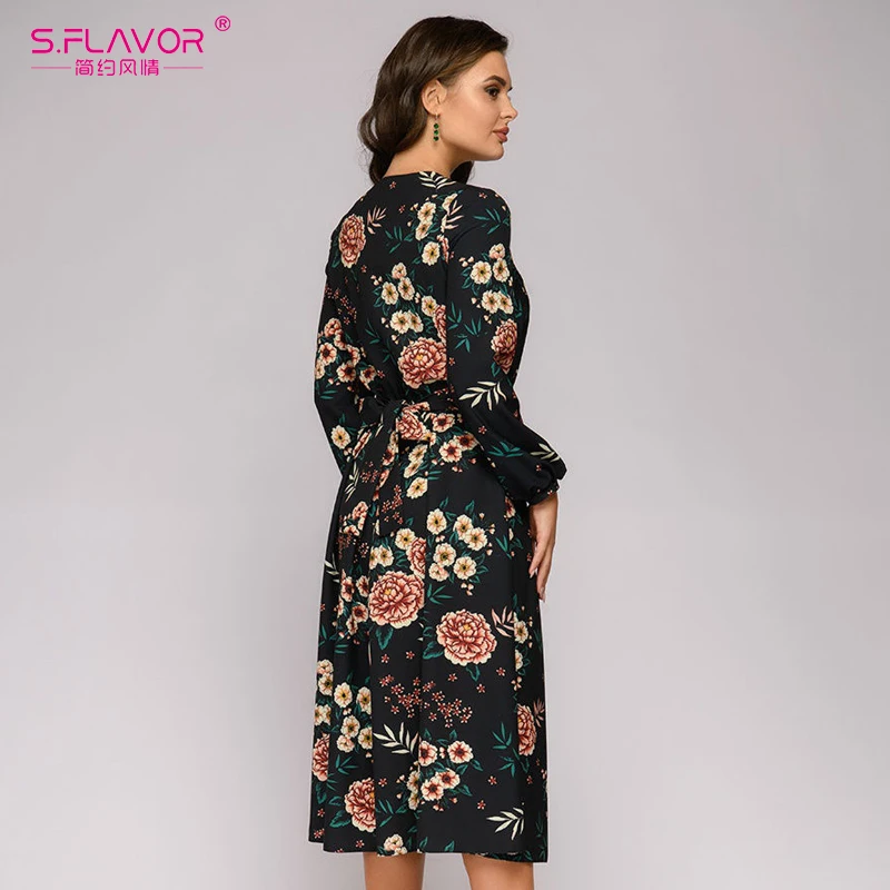 S.FLAVOR Women Printing V neck A line Dress Elegant Long Sleeve Spring Summer Vintage Midi Vestidos|Женские платья| |