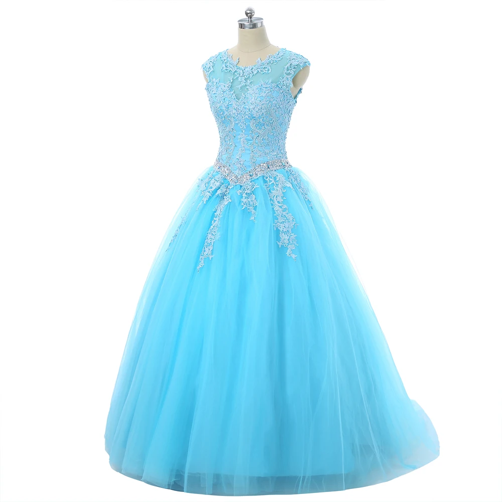 Sky Blue Quinceanera Dresses Ball Gown Cap Sleeves Tulle Appliques Lace Beaded Crystals Cheap Sweet 16 | Свадьбы и торжества