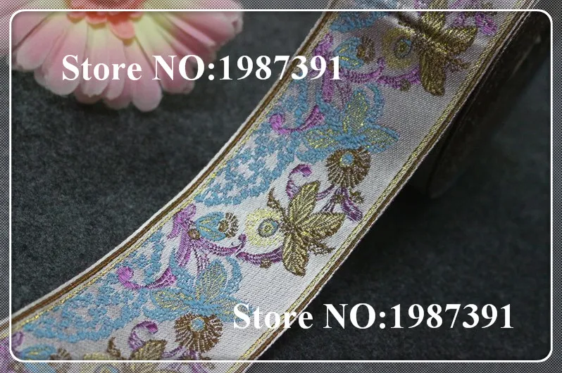 

5yards/lot wide 6cm Woven Jacquard Ribbon silver background purple flowers pattern curtain and clothing accessory LS-5485