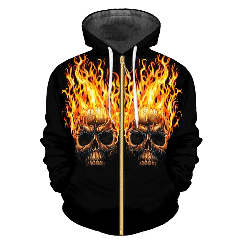 Толстовка OGKB Мужская с капюшоном 3d принтом в виде пламени и черепа хип-хоп