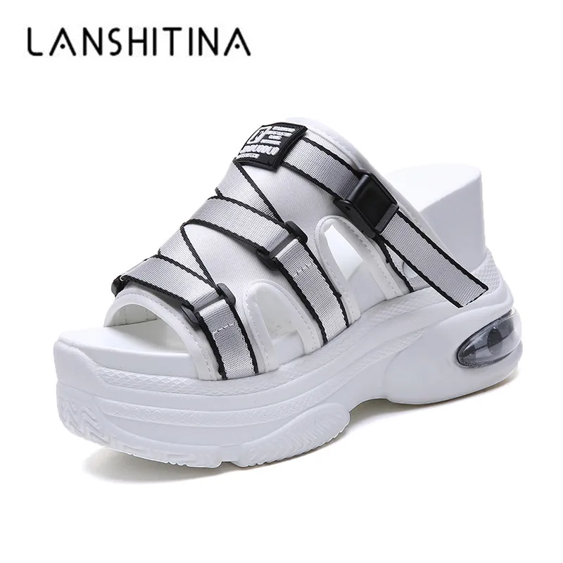 Женские пляжные шлепанцы на танкетке 10 см сандалии с пряжкой обувь платформе