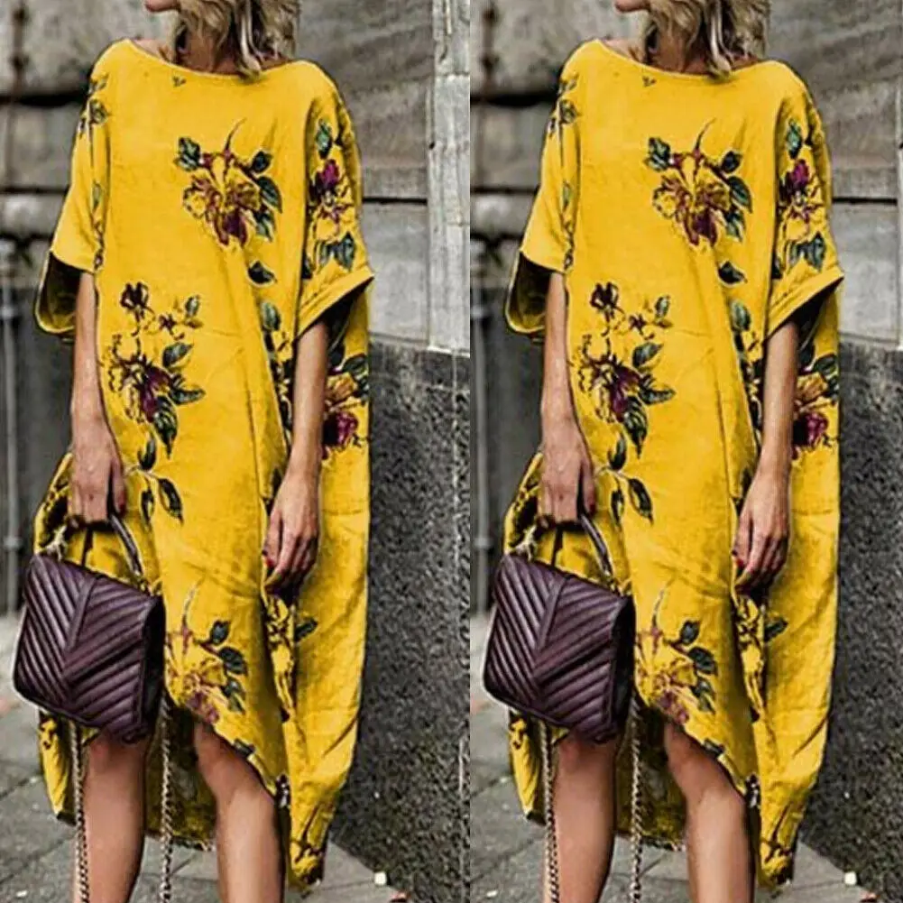 Женское платье в стиле бохо с коротким рукавом цветочным принтом и круглым