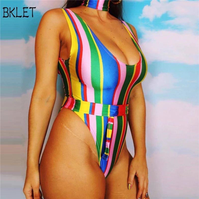 

2018 Colorful Striped Print One Piece New Sexy Buckle Belt Swimsuit Women Deep Neck Plaid Swimwear Beachwear Swim Bathing Suit